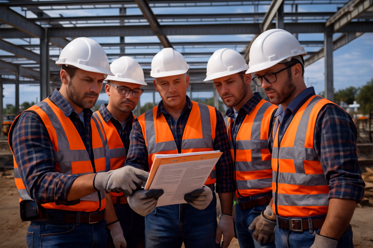 Canteiro de obras com trabalhadores utilizando EPIs completos, guarda-corpos instalados e sinalização adequada, representando práticas de segurança exigidas pela NR-18.