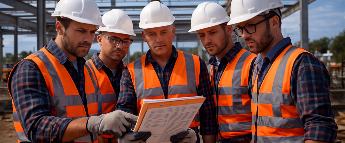 Canteiro de obras com trabalhadores utilizando EPIs completos, guarda-corpos instalados e sinalização adequada, representando práticas de segurança exigidas pela NR-18.
